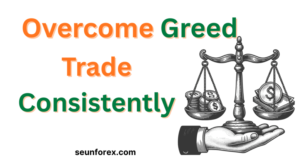 Balanced scale with money and dollar signs illustrating overcoming greed and trading consistently.