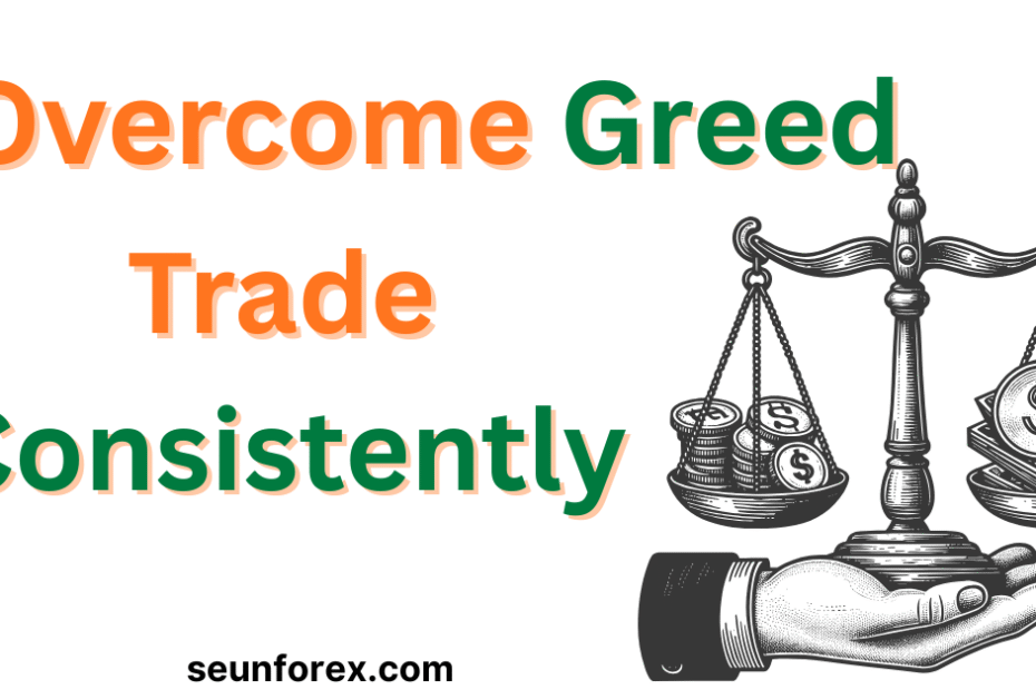 Balanced scale with money and dollar signs illustrating overcoming greed and trading consistently.