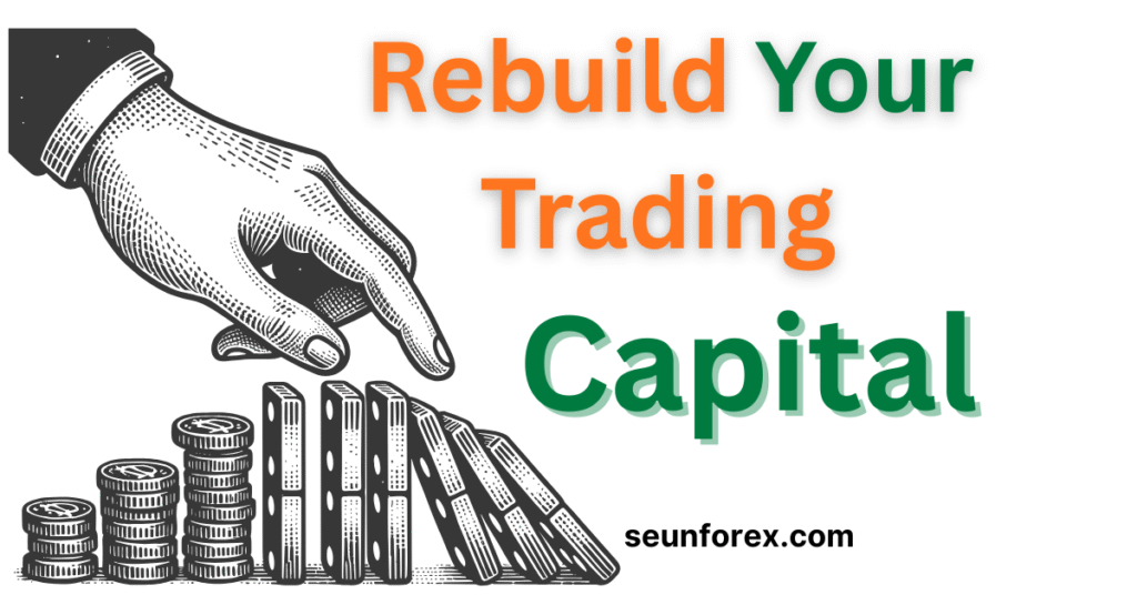 A hand stopping falling dominoes next to money, with the text "Rebuild Your Trading Capital