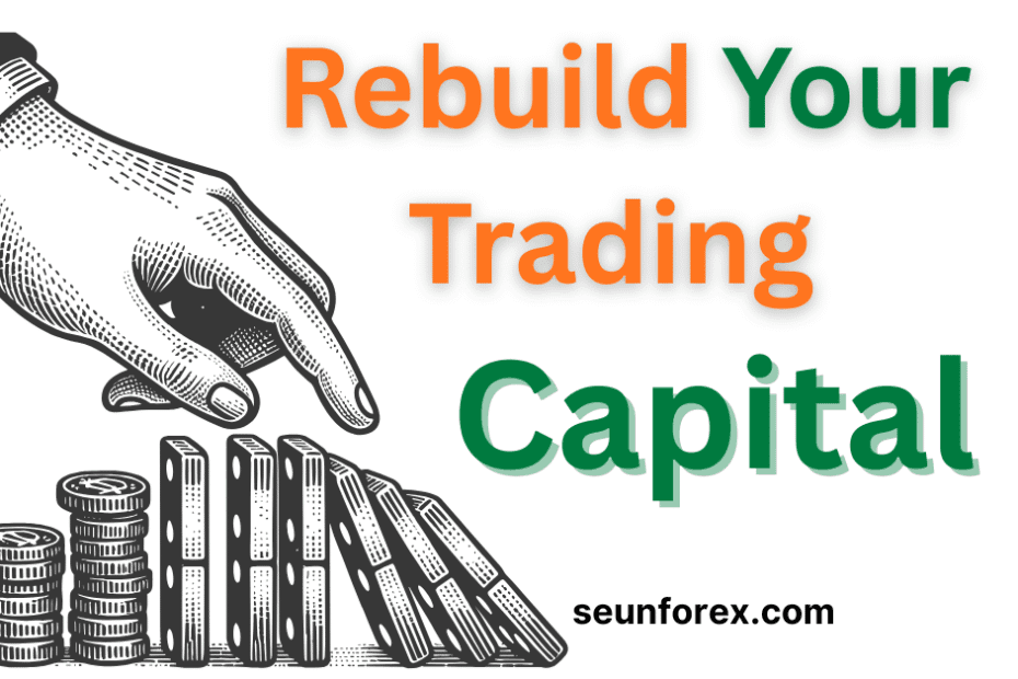 A hand stopping falling dominoes next to money, with the text "Rebuild Your Trading Capital