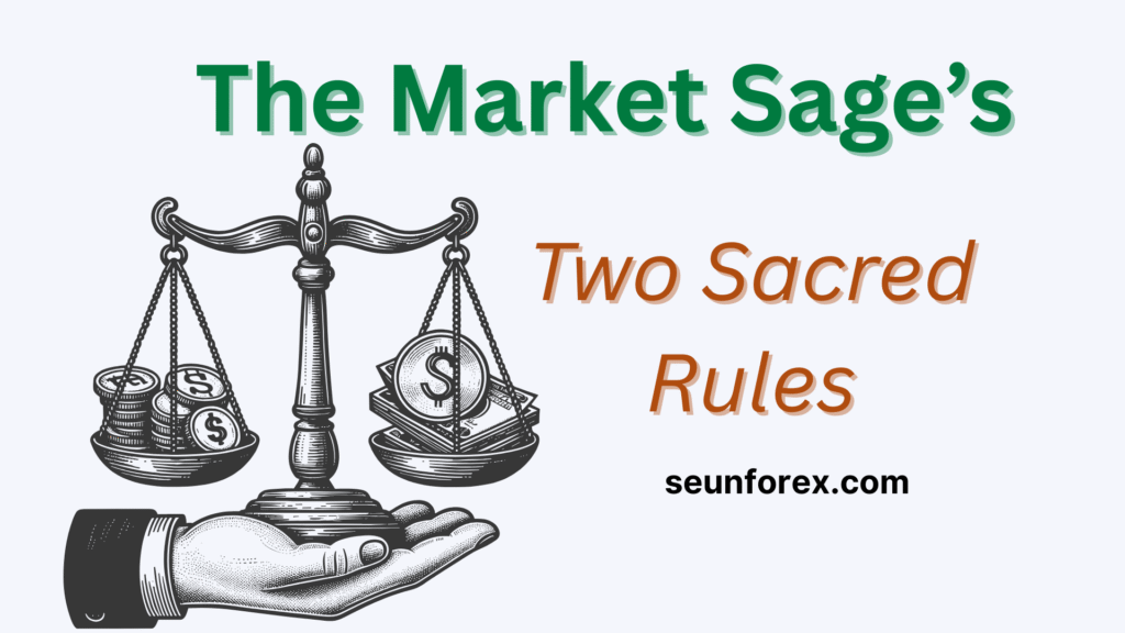 An illustrated hand holding a scale with coins on one side and cash on the other. The banner reads "The Market Sage's Two Sacred Rules," representing the key principles and balance required for successful trading.