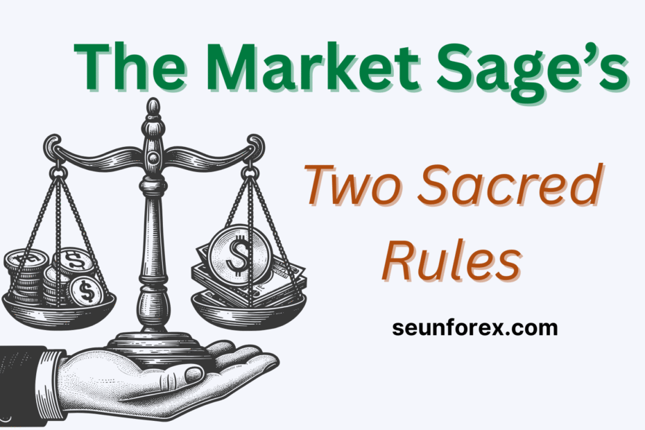 An illustrated hand holding a scale with coins on one side and cash on the other. The banner reads "The Market Sage's Two Sacred Rules," representing the key principles and balance required for successful trading.