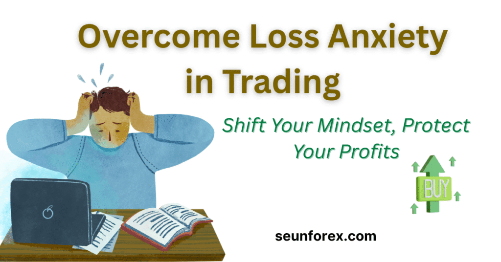 Trader holding head in stress with laptop and book, banner text reads “Overcome Loss Anxiety in Trading