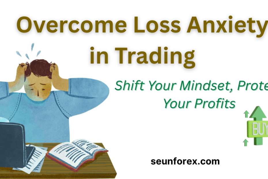 Trader holding head in stress with laptop and book, banner text reads “Overcome Loss Anxiety in Trading