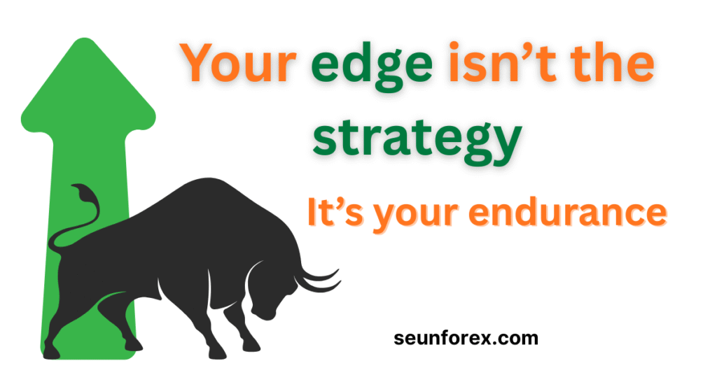 Trading psychology banner with key and lock illustration, bull logo, and the quote ‘Your edge isn’t the strategy — it’s your endurance.