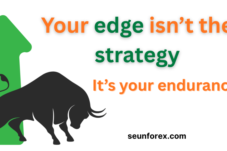 Trading psychology banner with key and lock illustration, bull logo, and the quote ‘Your edge isn’t the strategy — it’s your endurance.