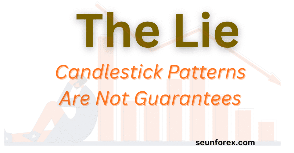 Graphic showing the trading psychology impact of candlestick patterns limitations, with a distressed trader losing money.