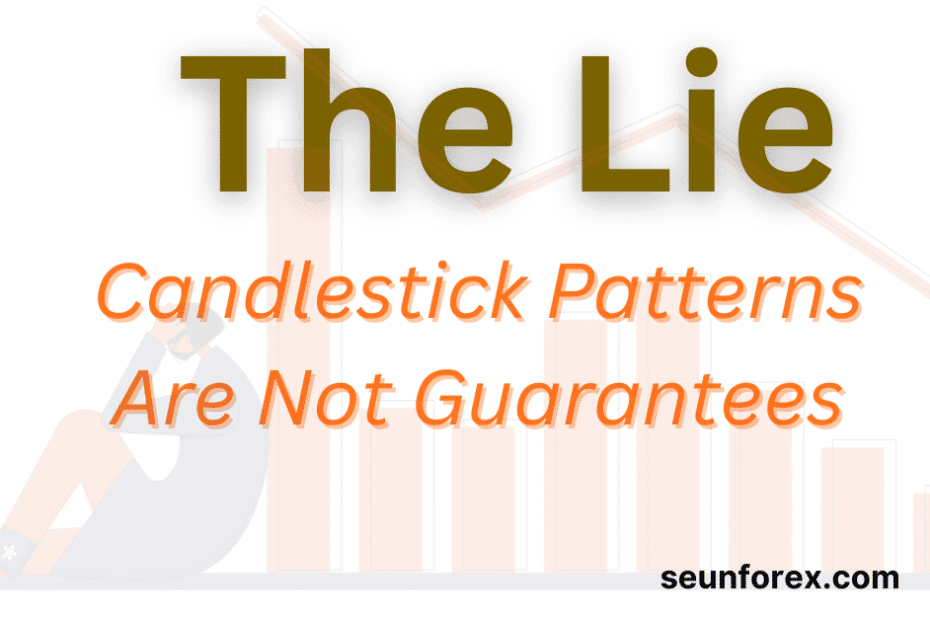 Graphic showing the trading psychology impact of candlestick patterns limitations, with a distressed trader losing money.