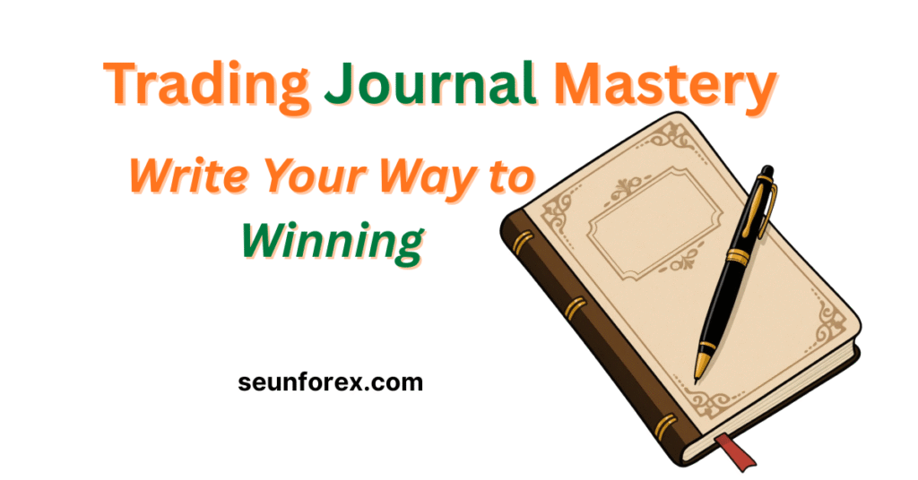 A trader writing notes in a journal beside a laptop showing forex charts — symbolizing self-reflection, emotional control, and trading mastery through journaling.
