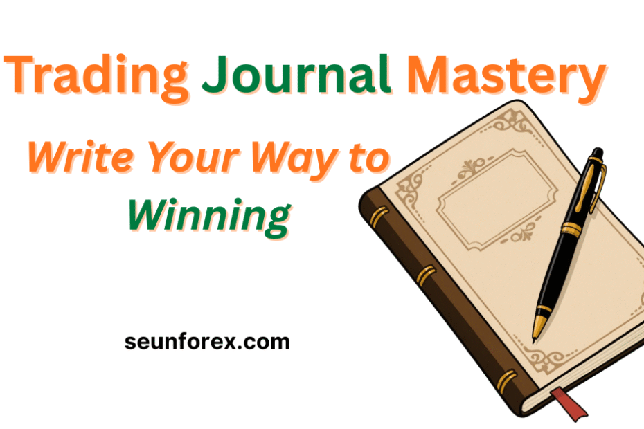 A trader writing notes in a journal beside a laptop showing forex charts — symbolizing self-reflection, emotional control, and trading mastery through journaling.