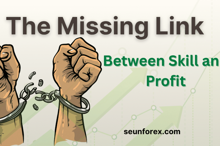 Graphic with broken handcuffs on wrists titled "The Missing Link Between Skill and Profit." Focus: helping the break-even trader reach consistent profitability.