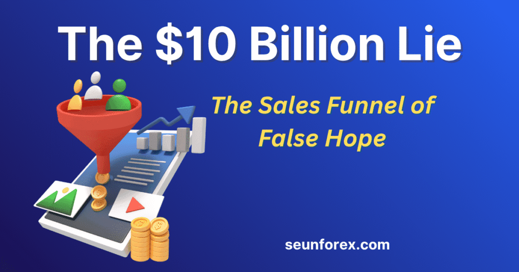 Graphic showing the $10 Billion Forex education scam sales funnel of false hope
