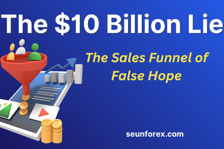 Graphic showing the $10 Billion Forex education scam sales funnel of false hope