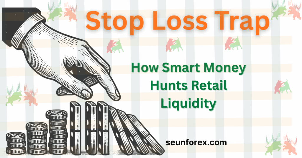 Hand pushing dominoes to represent the liquidity hunting or stop loss trap mechanism used by institutions on retail traders.