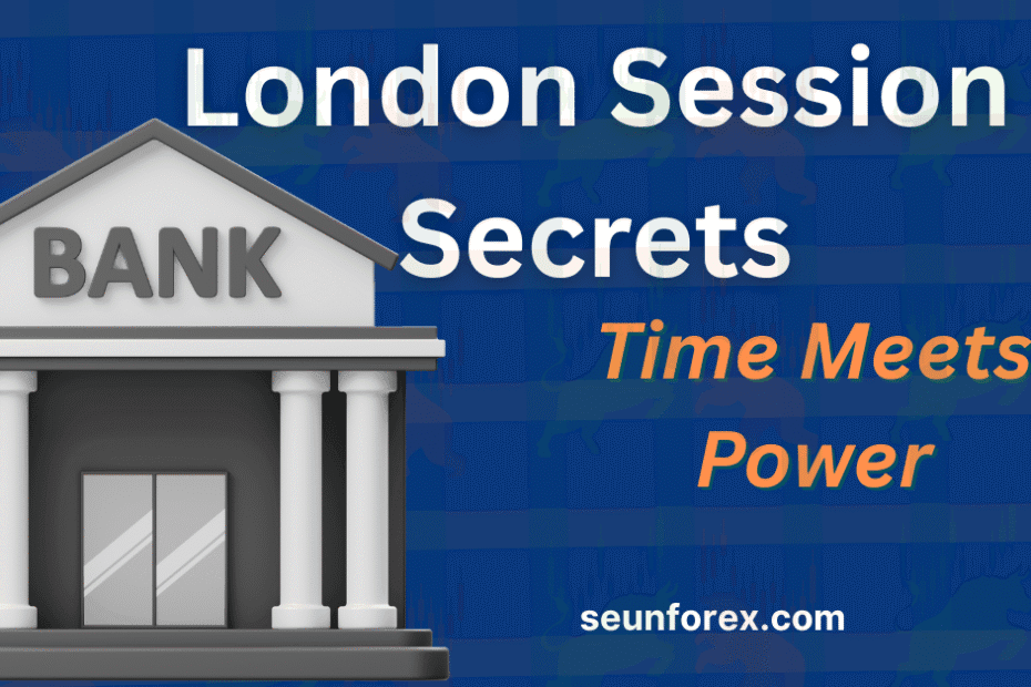 London Session Forex Trading Strategy: Bank icon with "London Session Secrets" text, showing optimal trading times and power in the market.