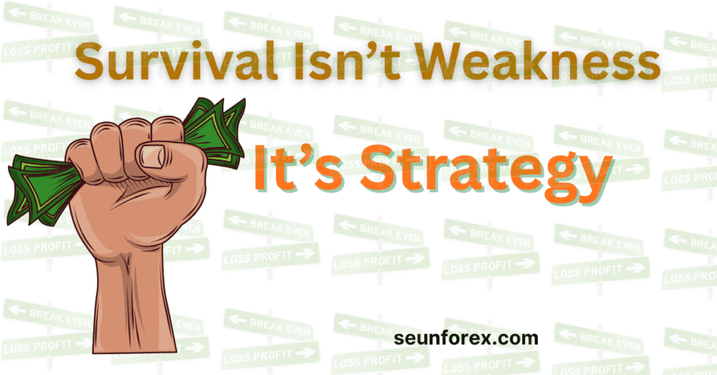 Trading risk management banner showing a clenched fist holding cash, illustrating that Survival Isn’t Weakness — It’s Strategy for traders.