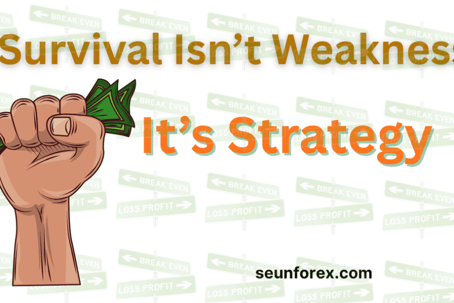 Trading risk management banner showing a clenched fist holding cash, illustrating that Survival Isn’t Weakness — It’s Strategy for traders.