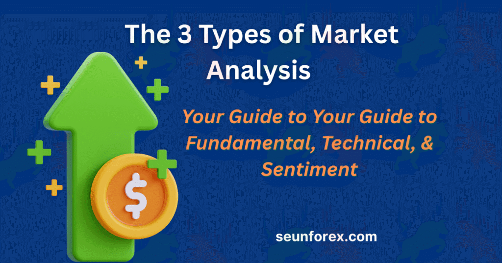 Infographic showing the 3 types of market analysis: fundamental, technical, and sentiment