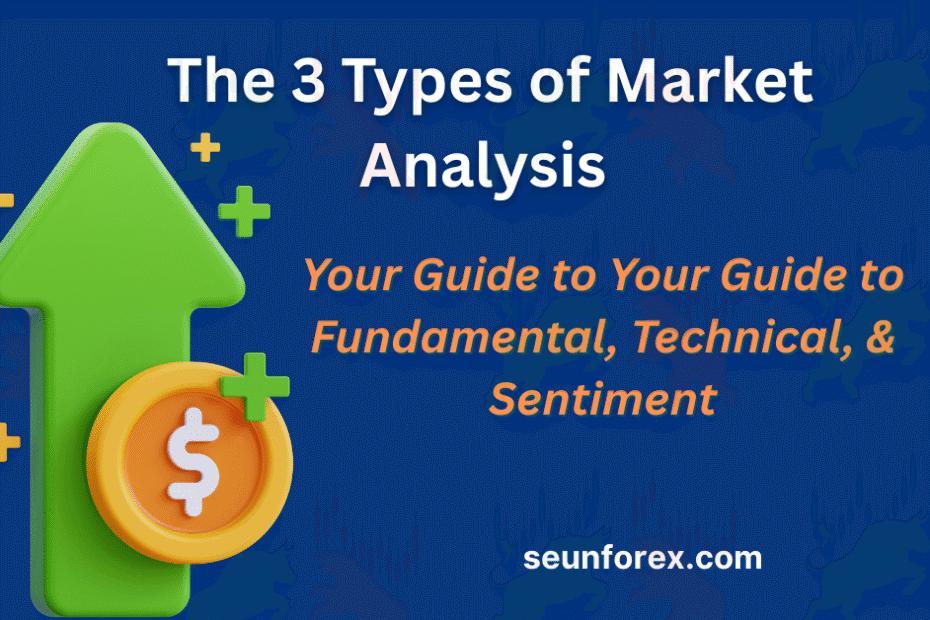 Infographic showing the 3 types of market analysis: fundamental, technical, and sentiment