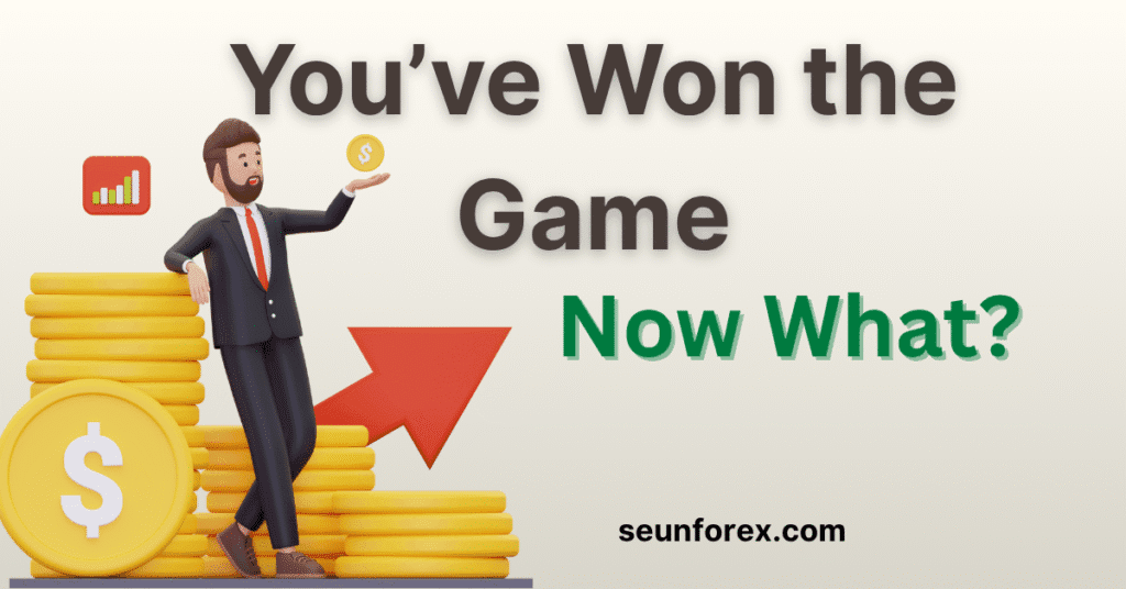 Trading psychology banner showing a successful trader sitting on money, asking 'You've Won the Game, Now What?'—representing the challenge of consistency and defeating boredom after finding a trading edge