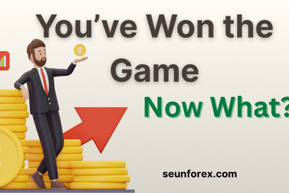 Trading psychology banner showing a successful trader sitting on money, asking 'You've Won the Game, Now What?'—representing the challenge of consistency and defeating boredom after finding a trading edge