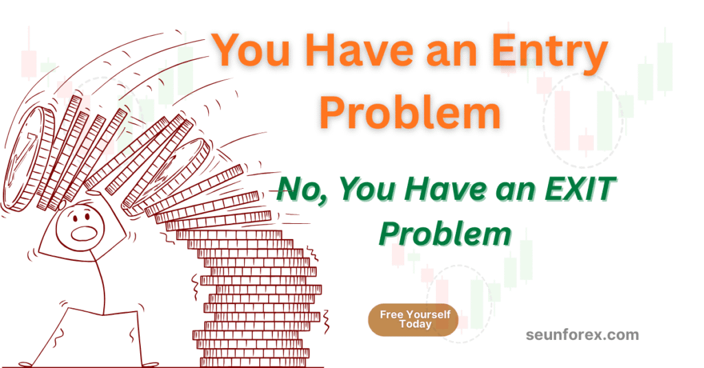 Trading Exit Strategy failure shown by a distressed stick figure trader struggling as a stack of trading coins falls away, visually representing a severe loss of profit.