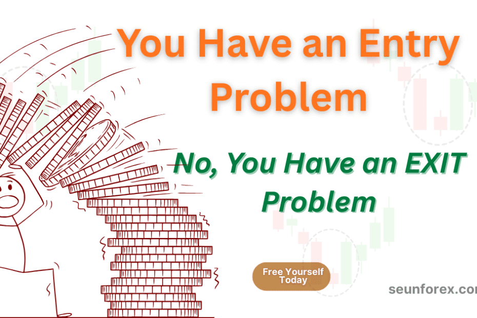 Trading Exit Strategy failure shown by a distressed stick figure trader struggling as a stack of trading coins falls away, visually representing a severe loss of profit.