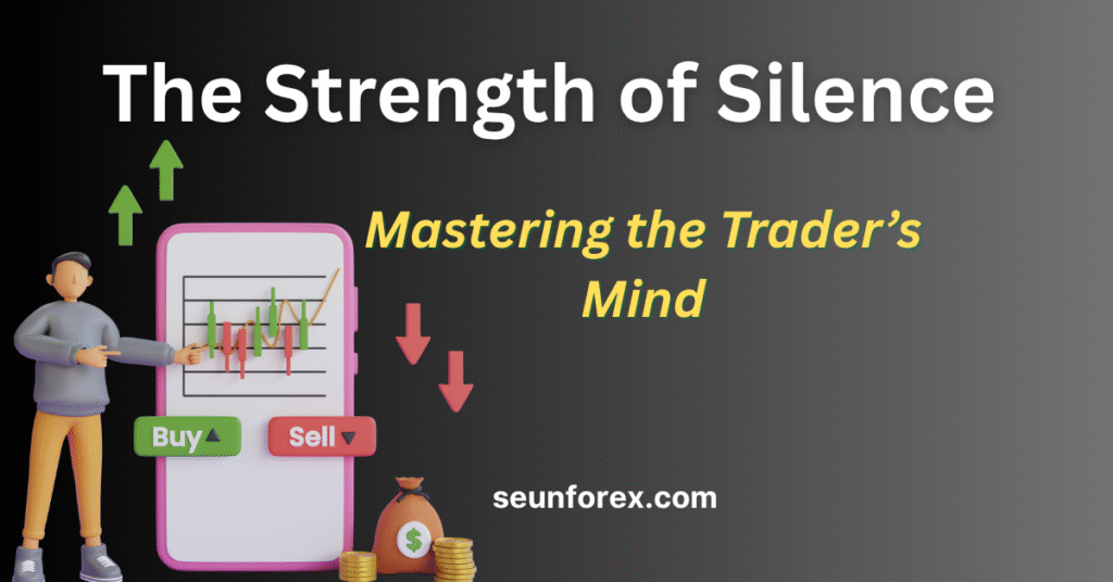Misunderstood trader on a phone screen with candlestick charts, buy/sell buttons, and money bag, illustrating the concept of trading psychology and the strength of silence.