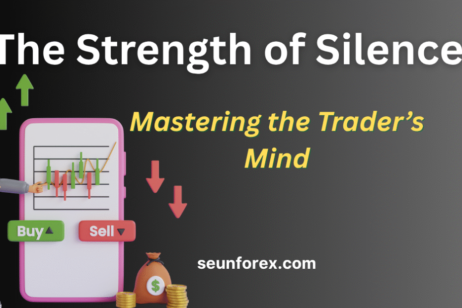 Misunderstood trader on a phone screen with candlestick charts, buy/sell buttons, and money bag, illustrating the concept of trading psychology and the strength of silence.